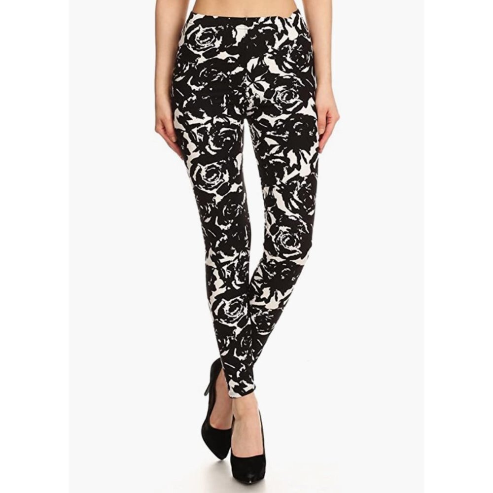 Black & White Abstract Floral Rose Flower Printed‎ Leggings Tights